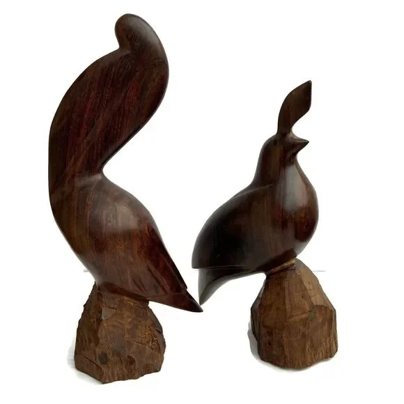 Vintage Mid Century Modern Carved Teak Wood Pelican Quail Bird Sculptures Set